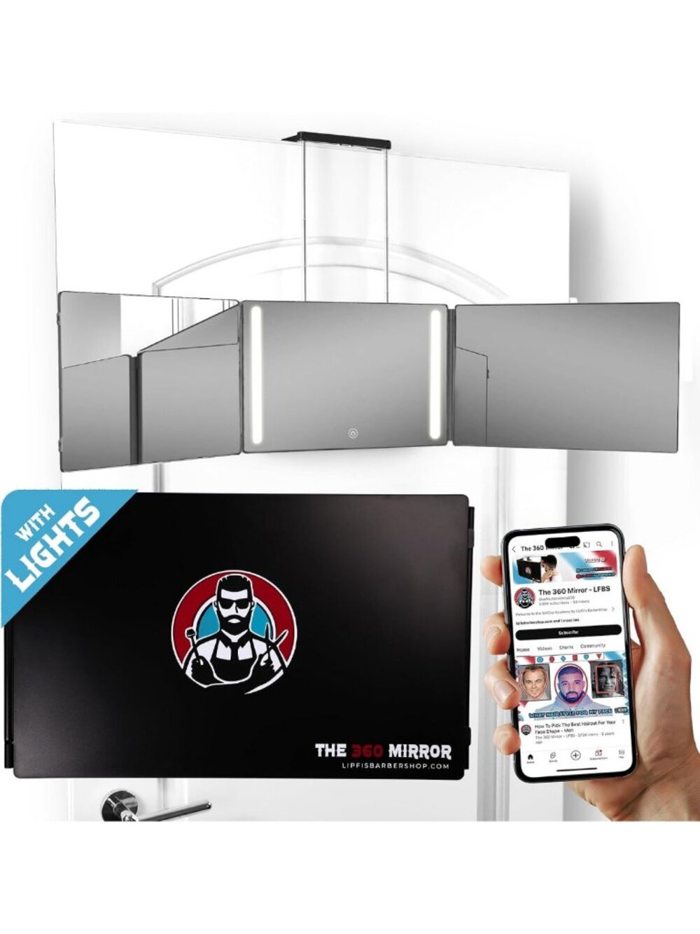 360° LED Lighted Barber Mirror - 3-Way Hanging Self Hair Cutting System